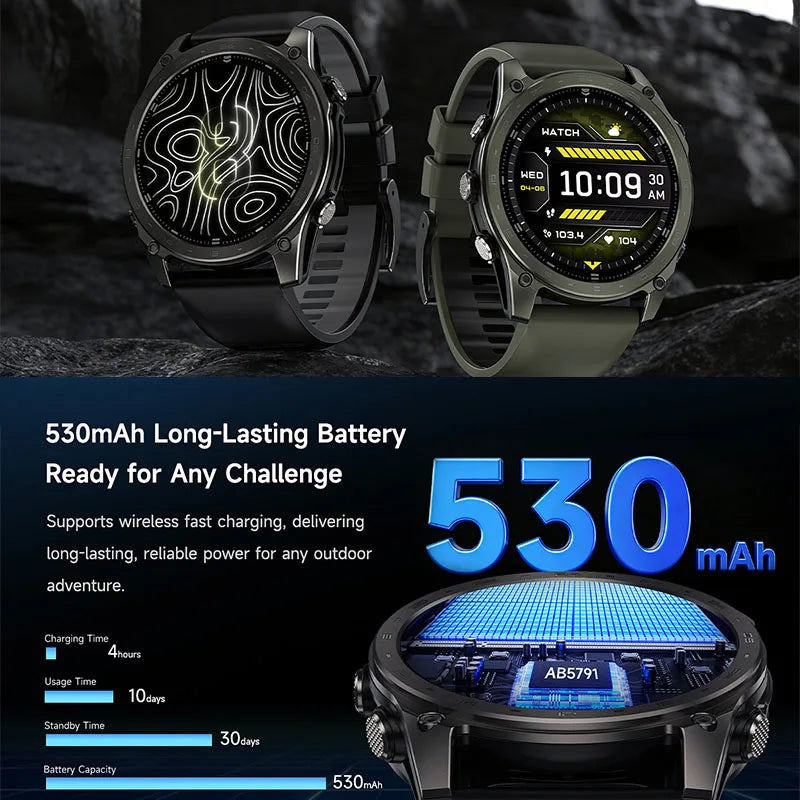 2026 New Sports Smart Watch Sports Mode Wireless Call 5ATM Compass Altimeter LED Flashlight 1.43 Inch AMOLED Screen Smart Watch