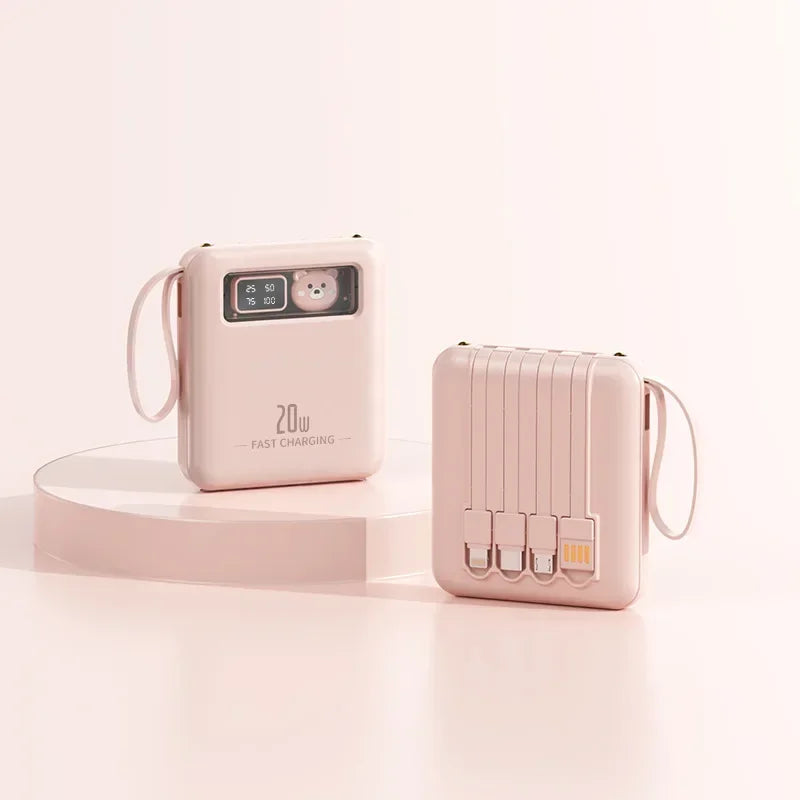 Portable 20W Power Bank Built-in 4 Cables Digital Display Mini External Battery with Lanyard Travel Charger for IPhone Huawei