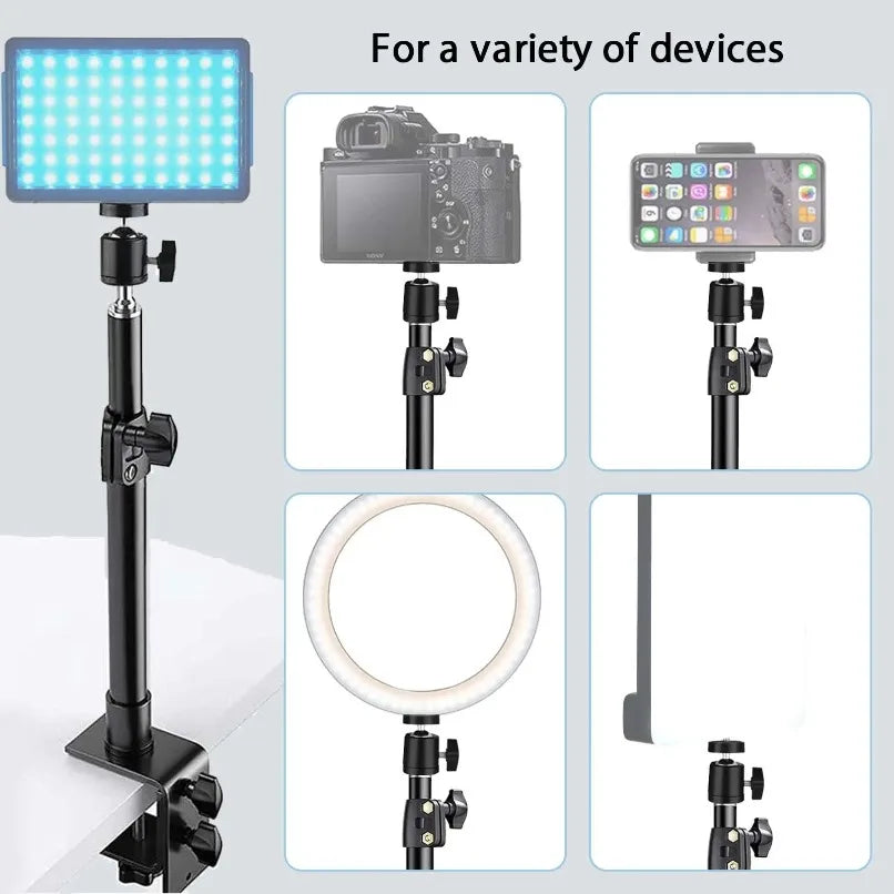 DSLR Camera Clamp Light Stand Adjustable Desk Mount Stand with Ball Head for Phone Camera Webcam Live Streaming Video Recording