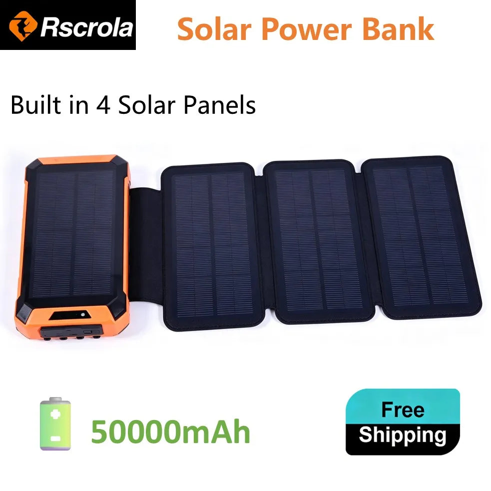 Upgraded Solar Power Bank with 4 Solar Panels, 50000mAh Portable Solar External Battery Compatible with IOS Android USB-A USB-C