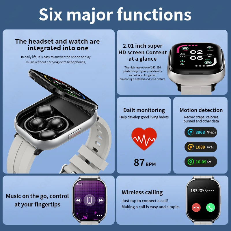 LIGE TWS 2 In 1 Clip-on Earbuds Smart Watch 2.01" HD Bluetooth Voice Calling Health Monitor Sports Smartwatch With Headphones
