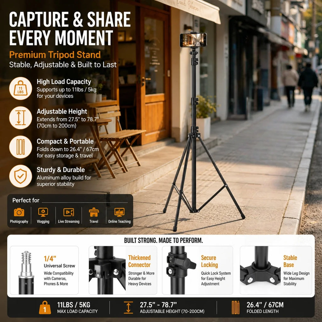 Sturdy Carbon Steel Light Stand 200cm, Foldable Tripod for Studio Photography & Outdoor Use