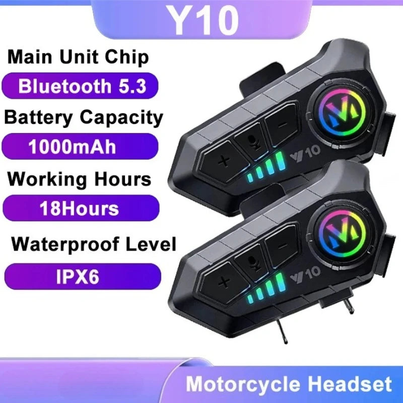 Y10 Motorcycle Bluetooth 5.3 Helmet Headset with Colorful Lights Waterproof Wireless Earphone Hands-free Headset Waterproof