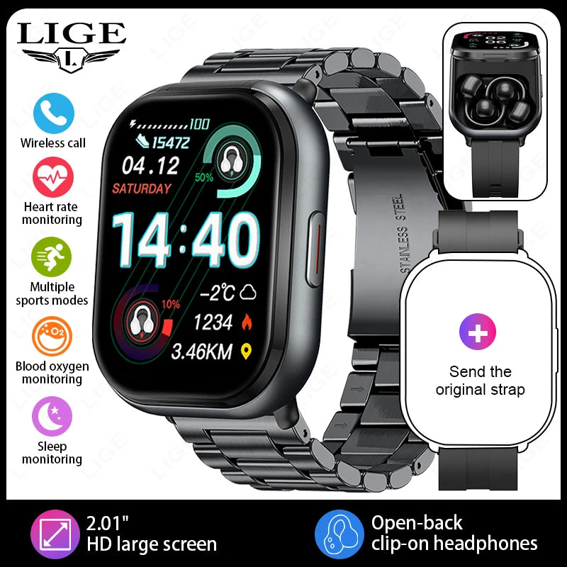 LIGE TWS 2 In 1 Clip-on Earbuds Smart Watch 2.01" HD Bluetooth Voice Calling Health Monitor Sports Smartwatch With Headphones