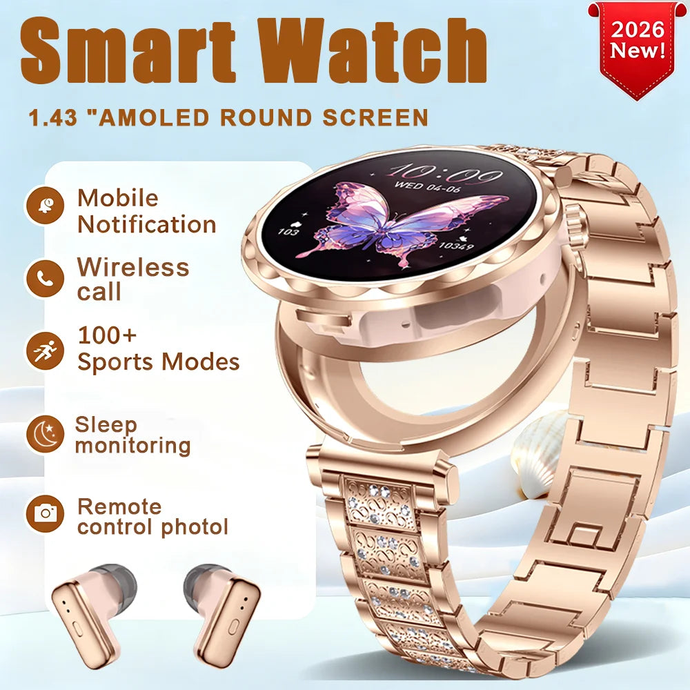 2026 New TWS Smartwatch Earphone 2 In 1 Women Watches with Earbuds Strong Sound Effects Music Lover Waterproof Ladies Smartwatch