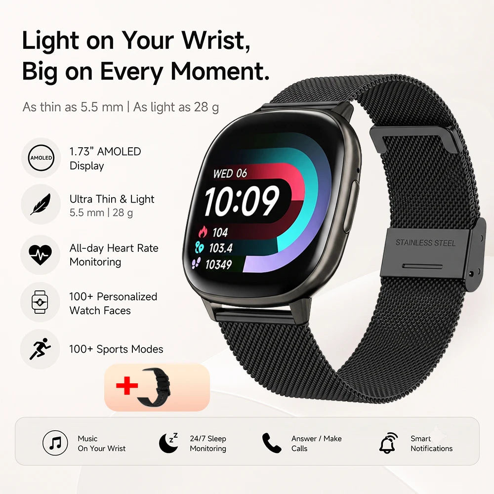 2026 New Smart Watch 5.5mm Ultra-thin 1.73'' AMOLED Men Women 100+ Sports Fitness Wrist Watch BT Call Health Tracker Smartwatch