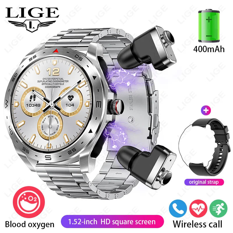 Smart Watch with Earbuds 1.52 inch HD Screen Fitness Tracker Sleep Monitor Pedometer All-in-one Local Music TWS Music Smartwatch