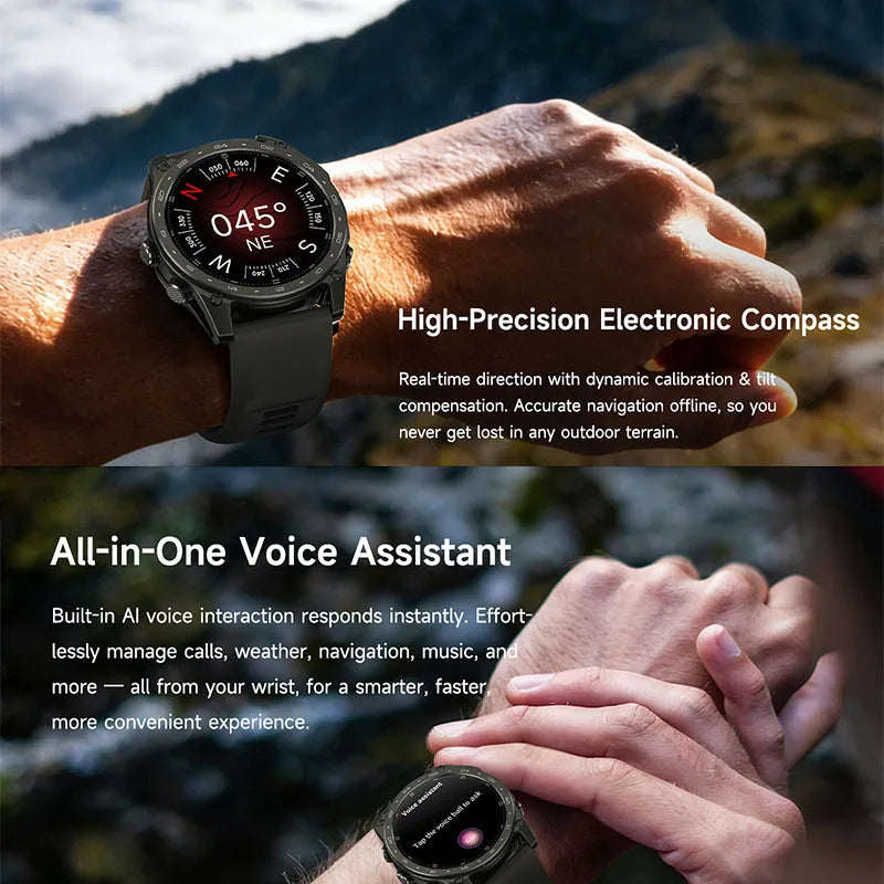 2026 New Sports Smart Watch Sports Mode Wireless Call 5ATM Compass Altimeter LED Flashlight 1.43 Inch AMOLED Screen Smart Watch