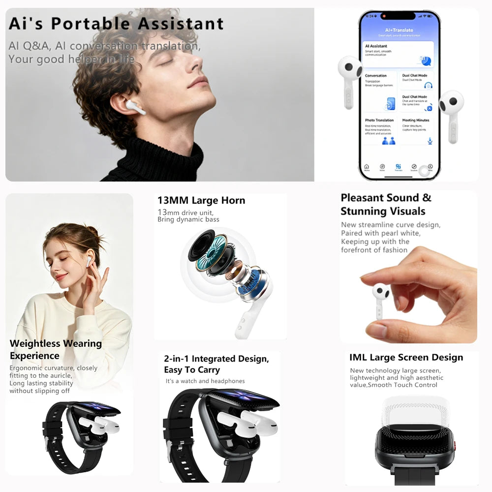 TWS 2 In 1 Smartwatch Earphones Sports Smart Watch Wireless Bluetooth Calling Health Monitor Fitness Record Watches With Headset