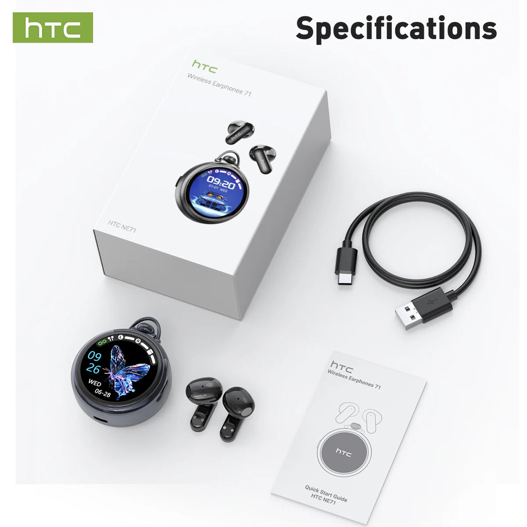 Bluetooth Wireless Headset HTC NE71 Smart LED Screen BT6.0 IPX6 Waterproof HiFi Sound Earbuds Compatible iOS Android PC Choice
