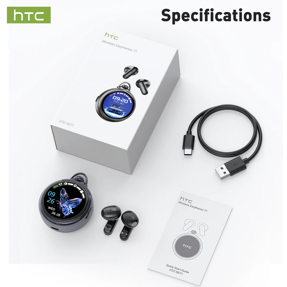 Bluetooth Wireless Headset HTC NE71 Smart LED Screen BT6.0 IPX6 Waterproof HiFi Sound Earbuds Compatible iOS Android PC Choice