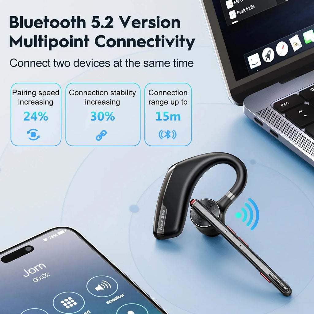 New Bee M51 Bluetooth 5.2 Wireless Headset Earphones Headphone with Dual-Mic CVC8.0 Noise Cancelling Handsfree Business Earbuds