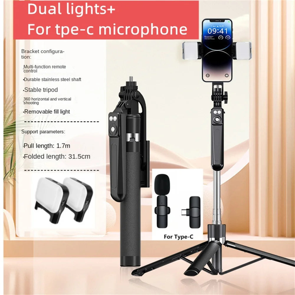 FANGTUOSI 2025 New Expandable Phone Tripod Stand Selfie Stick With Fill Light With Detachable BT Wireless Remote for Smartphone