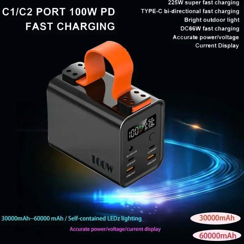 60000mAh 100W Portable Power Bank USB-C PD QC DC Fast Charging High Capacity External Battery Pack For Smart Phone Laptop