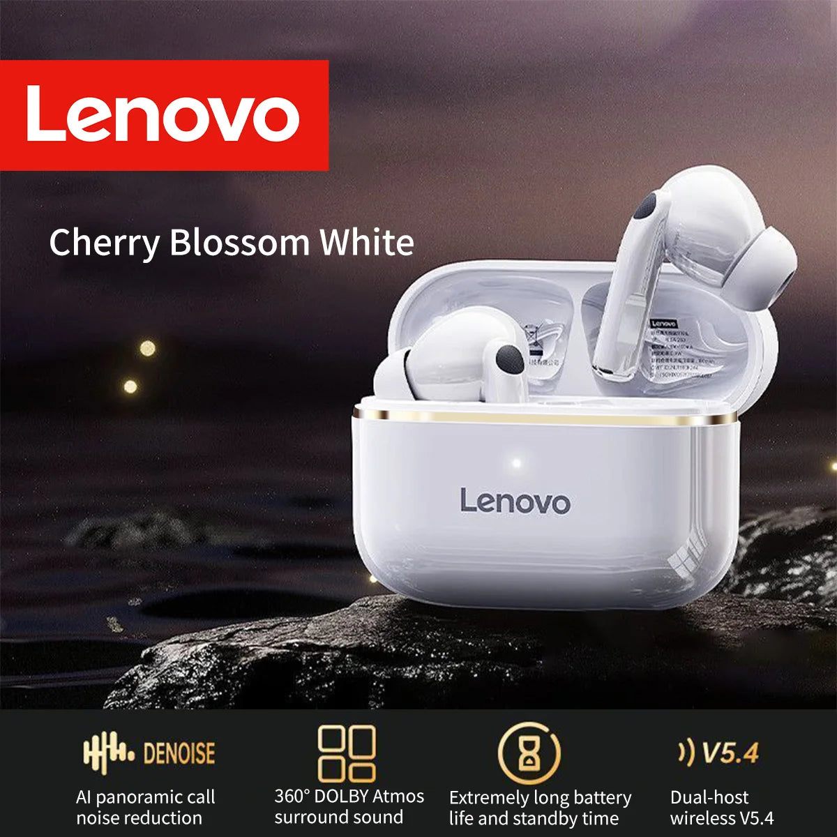 Lenovo Bluetooth 5.4 earbuds with ANC, long-lasting battery, USB-C port, compatible with Android & iPhone, ideal for sports/gym,