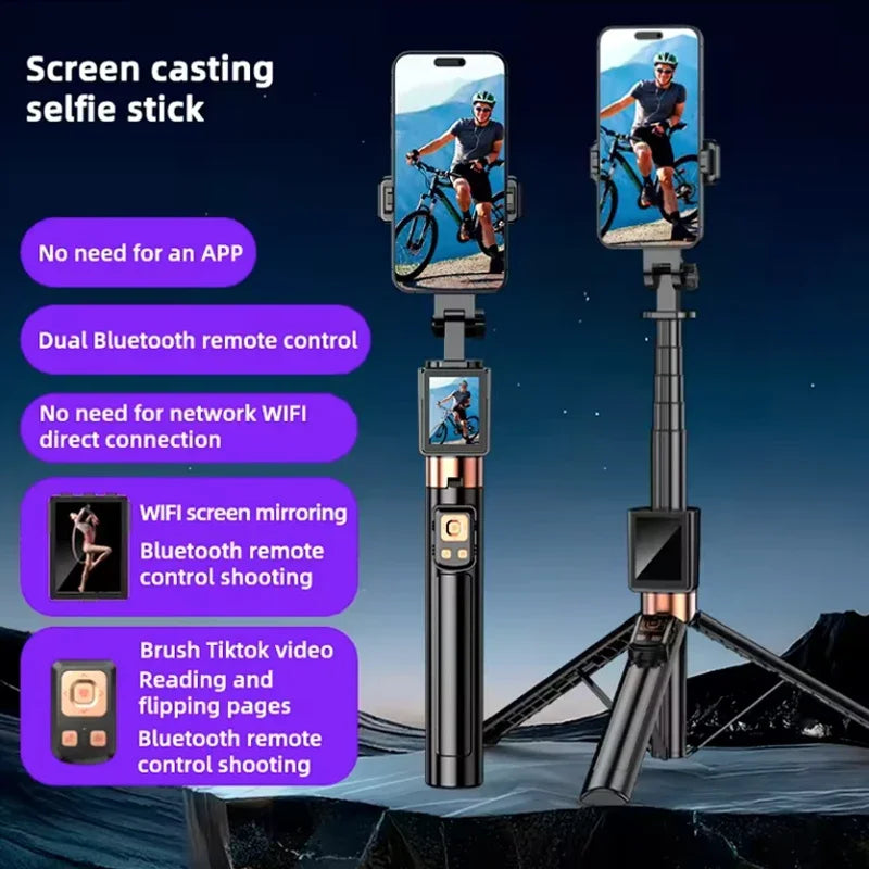Wireless Selfie Stick Tripod Stand with Remote and Small Screen Casting Selfie Monitor for Smartphone Selfie Live Streaming