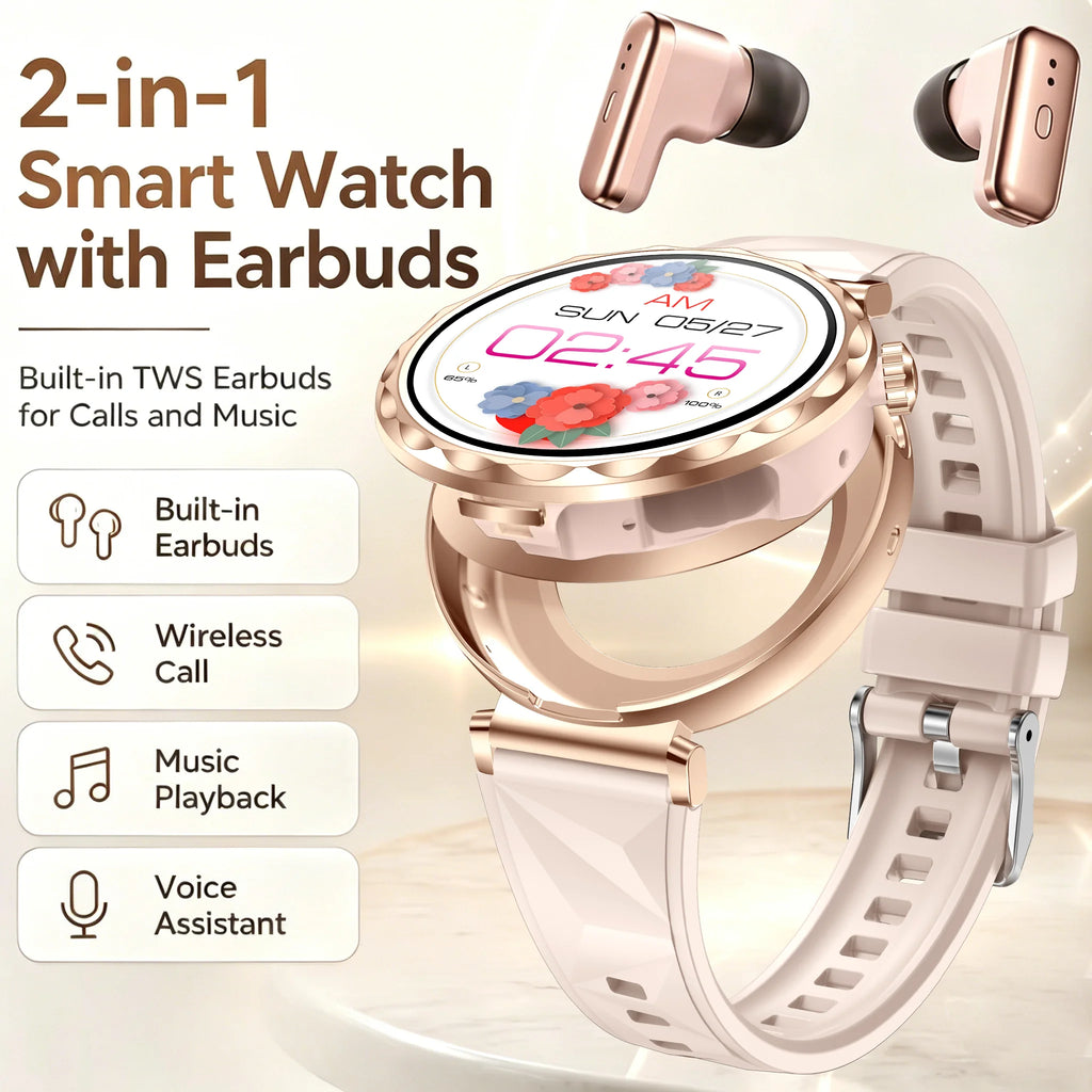 2026 New TWS Smartwatch Earphone 2 In 1 Women Watches with Earbuds Strong Sound Effects Music Lover Waterproof Ladies Smartwatch