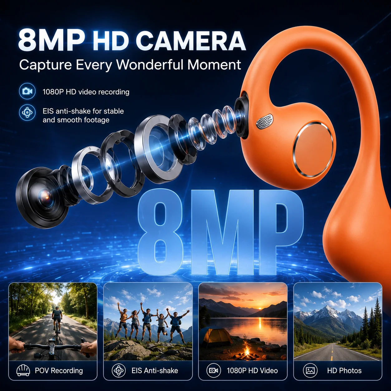 2026 Smart Camera Earphone 8MP Photo Video Voice Recording WiFi File Transfer Bluetooth Call AI Translator Wearable Headset