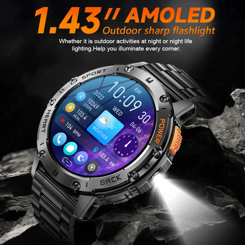 2026 New AMOLED Smart Watch Men with Flashlight Sports Waterproof Fitness Tracker Bluetooth Call Smartwatch Man For Android ios