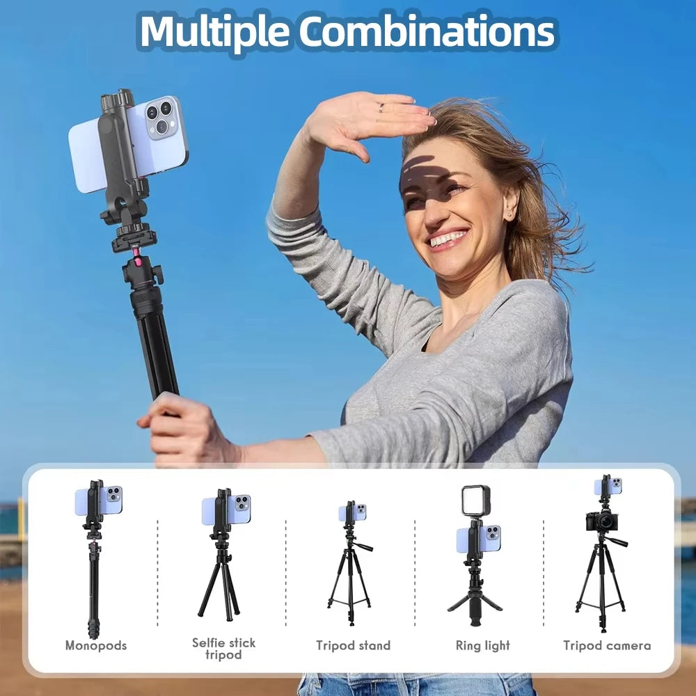 360° Multifunctional Phone Stand Swivel Phone Tripod Stand with Swivel Clamp with Dual Cold Shoe Holders for Smartphone Vlog