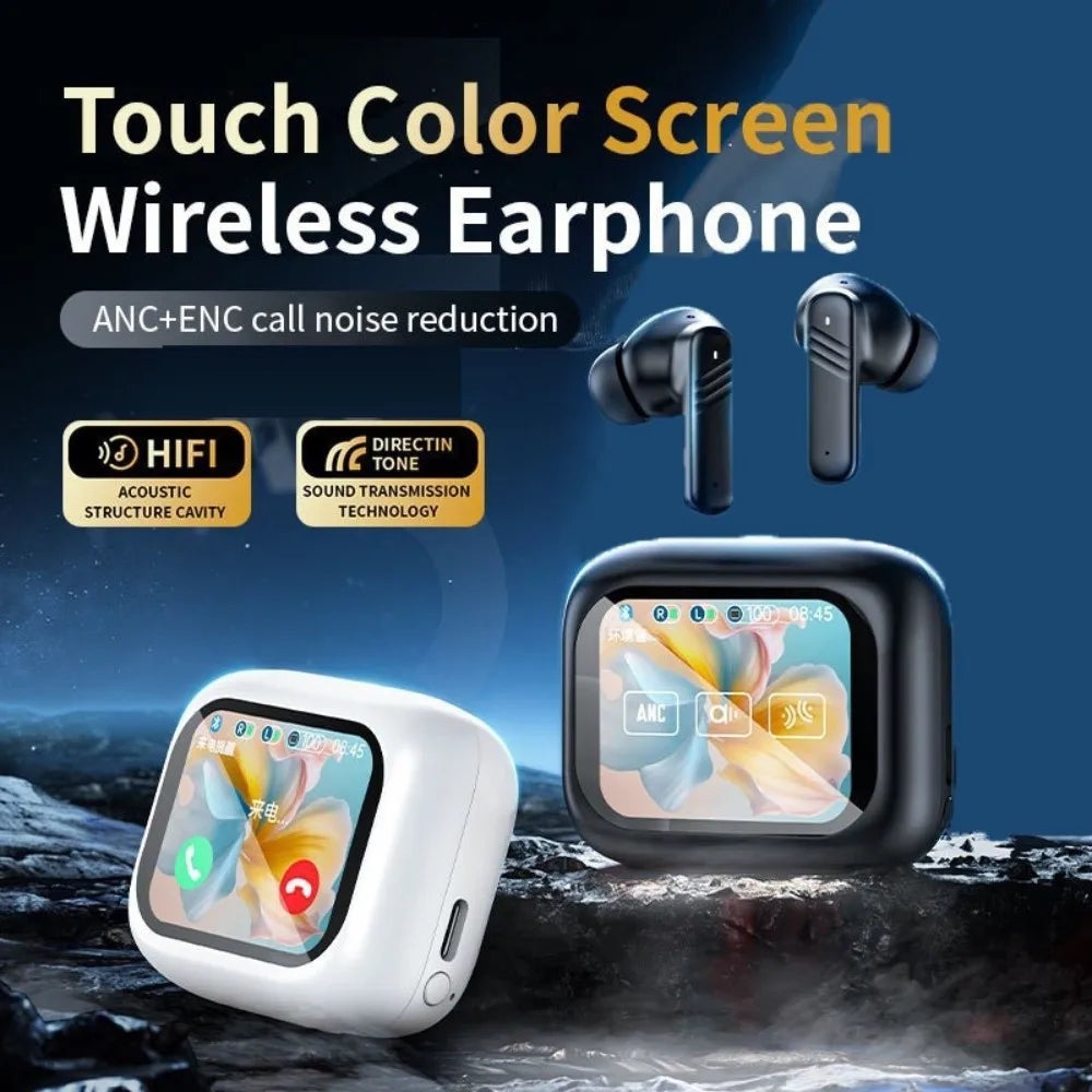 Bluetooth 5.4 Full Touch Screen Headphones Smart LCD in Ear ANC Bluetooth Earphones Noise Cancelling HD Call