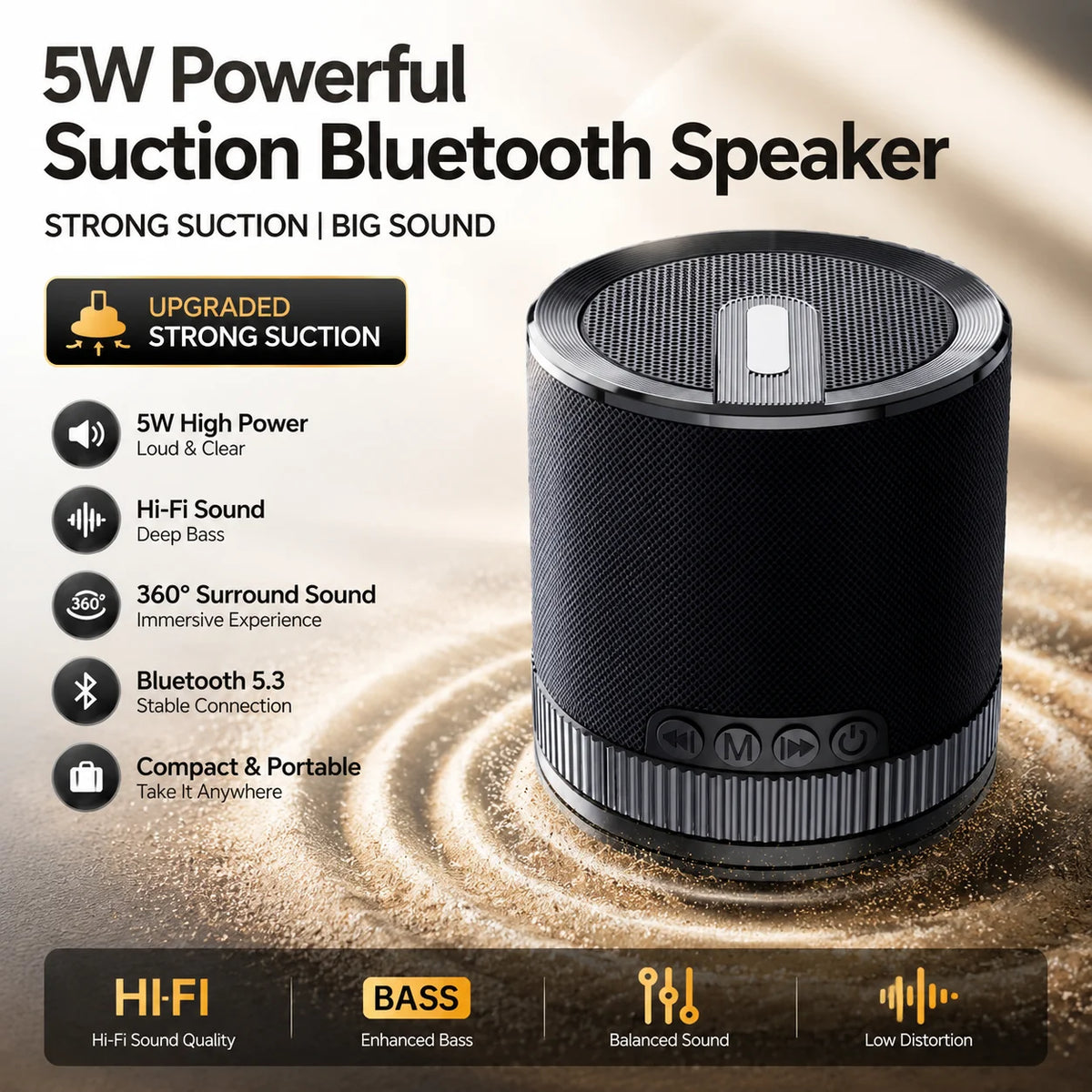 Suction Cup Bluetooth Speakers for Shower Bathroom Exterior Walls/Glass Door 5W Powerful Portable Speaker HiFi Stereo Sound Box