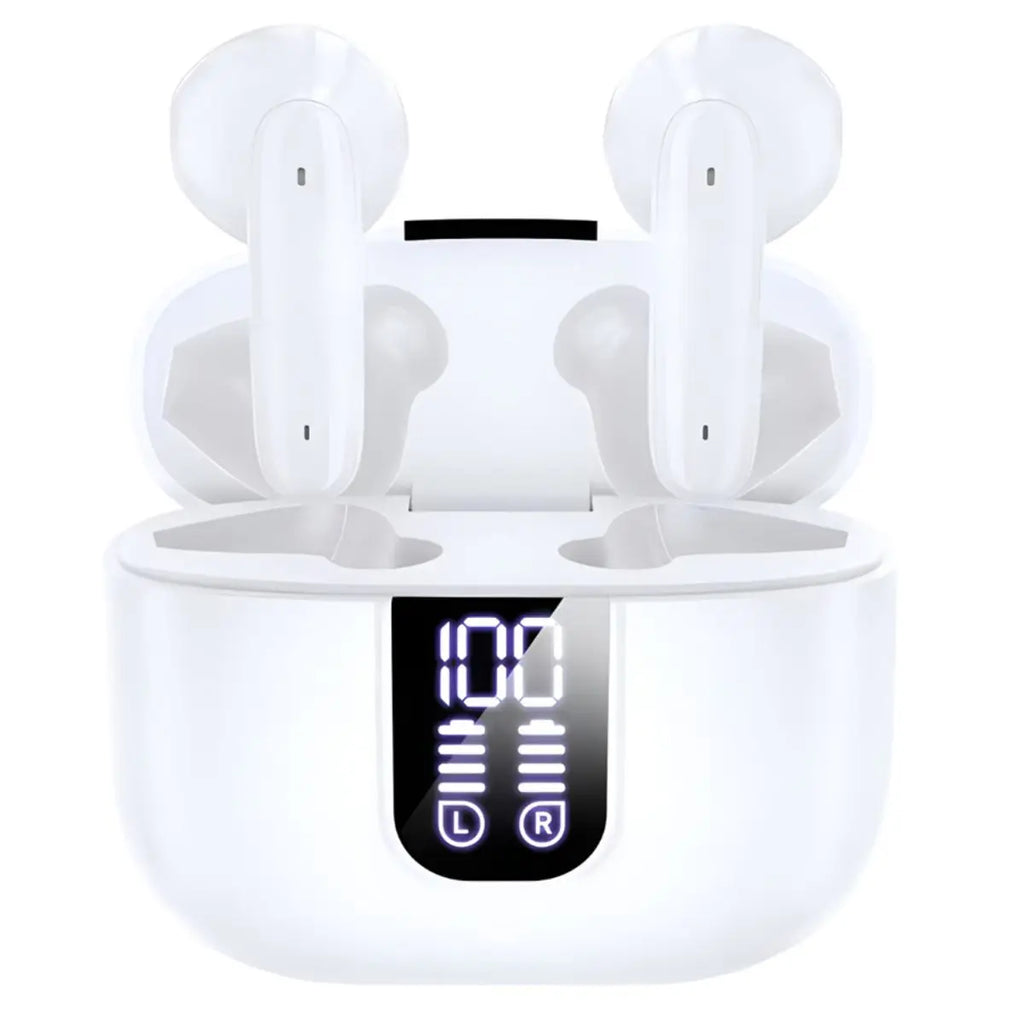 Bluetooth Earbuds with Large Charge Case, LED Power Display, HiFi Sound Quality, White Portable Wireless Earphones for Music