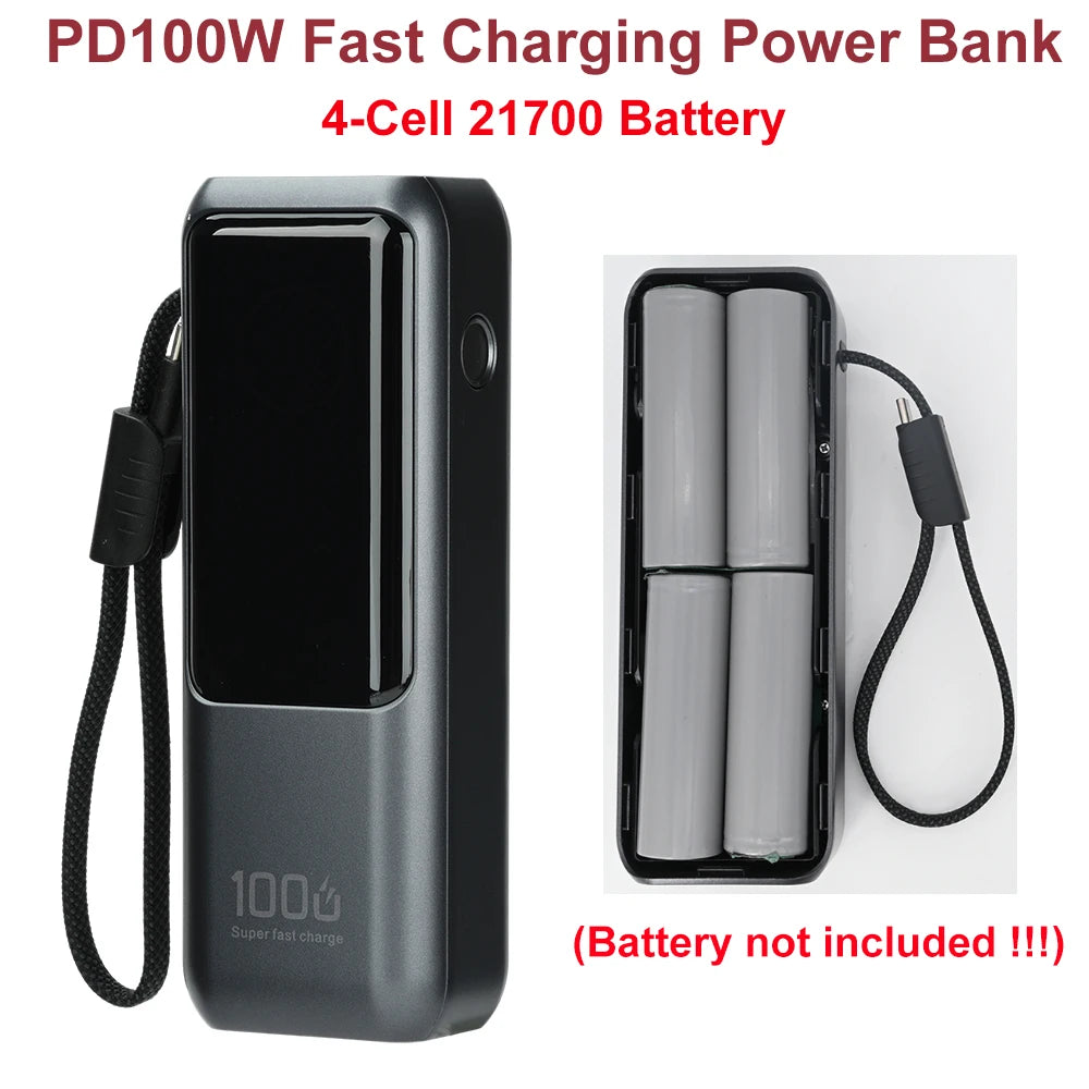 21700 Battery Case High-Power PD100W Fast Charging Power Bank DIY Kit 4-Cell Power Bank Housing with Built-in Cable