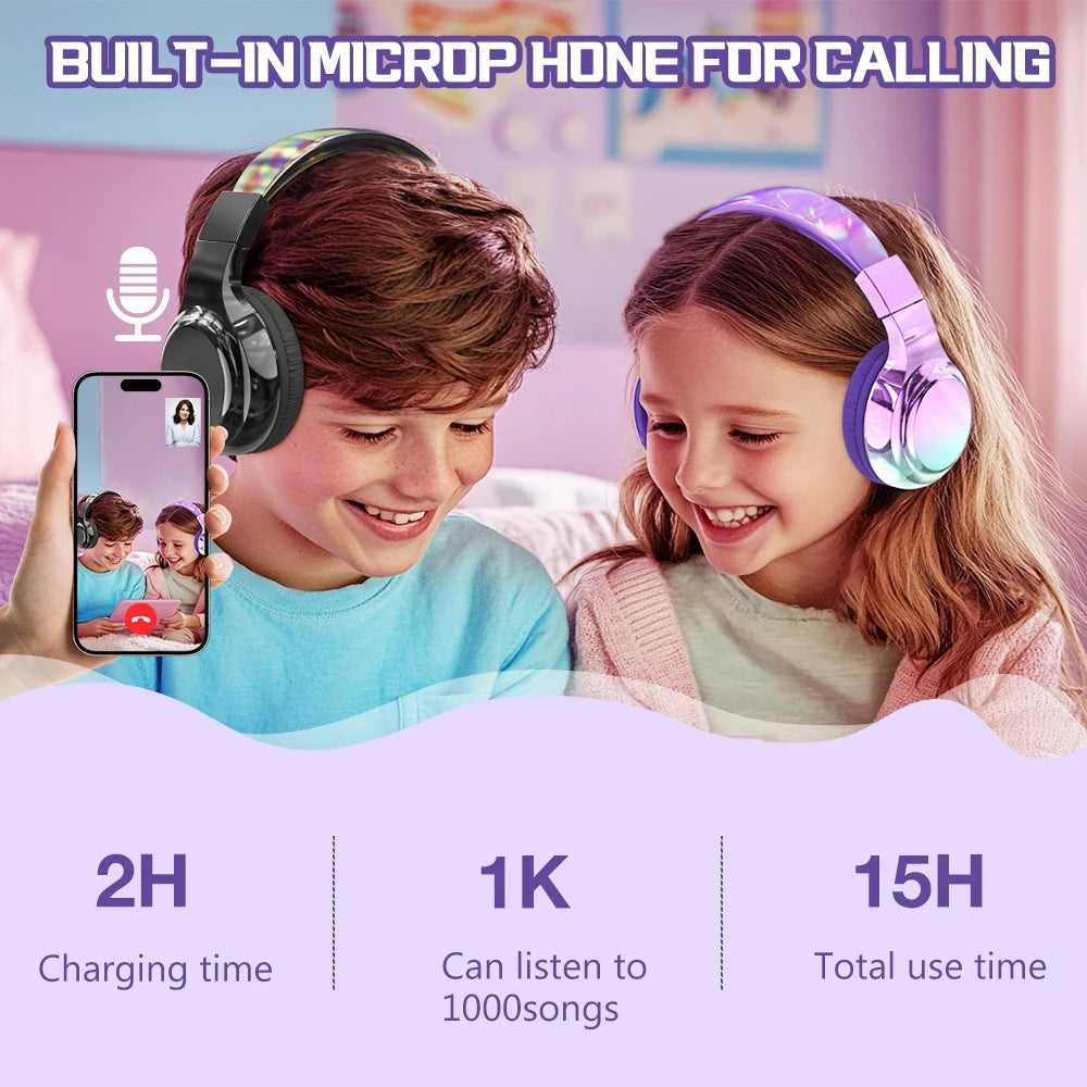 Glossy Bluetooth Headphones For Kids Girls Wireless Stereo Headset With Mic For School Travel Children's Music Helmet Kids Gifts