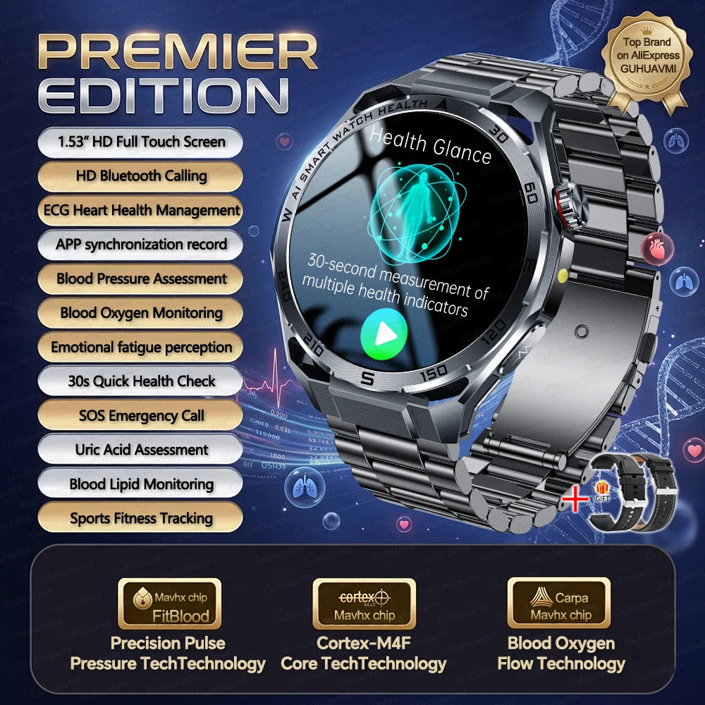2026New Nursing-Grade AI ECG Smart Watch 1.53''Sapphire Glass Heart Rate Blood Lipid Uric Acid Monitor Bluetooth Call Smartwatch