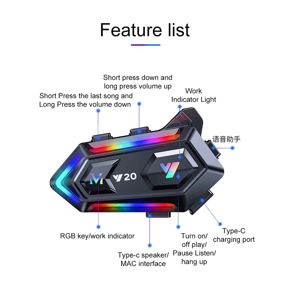 Y20 Motorcycle Helmet Bluetooth Headset BT5.3 Handsfree Call Wireless Noise Reduction Waterproof Headphone with RGB Light