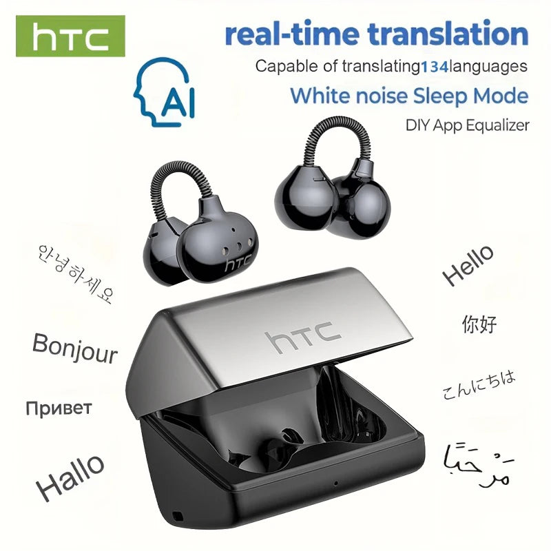HTC Wireless Bluetooth Headphones With Microphone NE67 Earclip AI Translator Earphones  Sports Game Earbuds MP3 High Quality