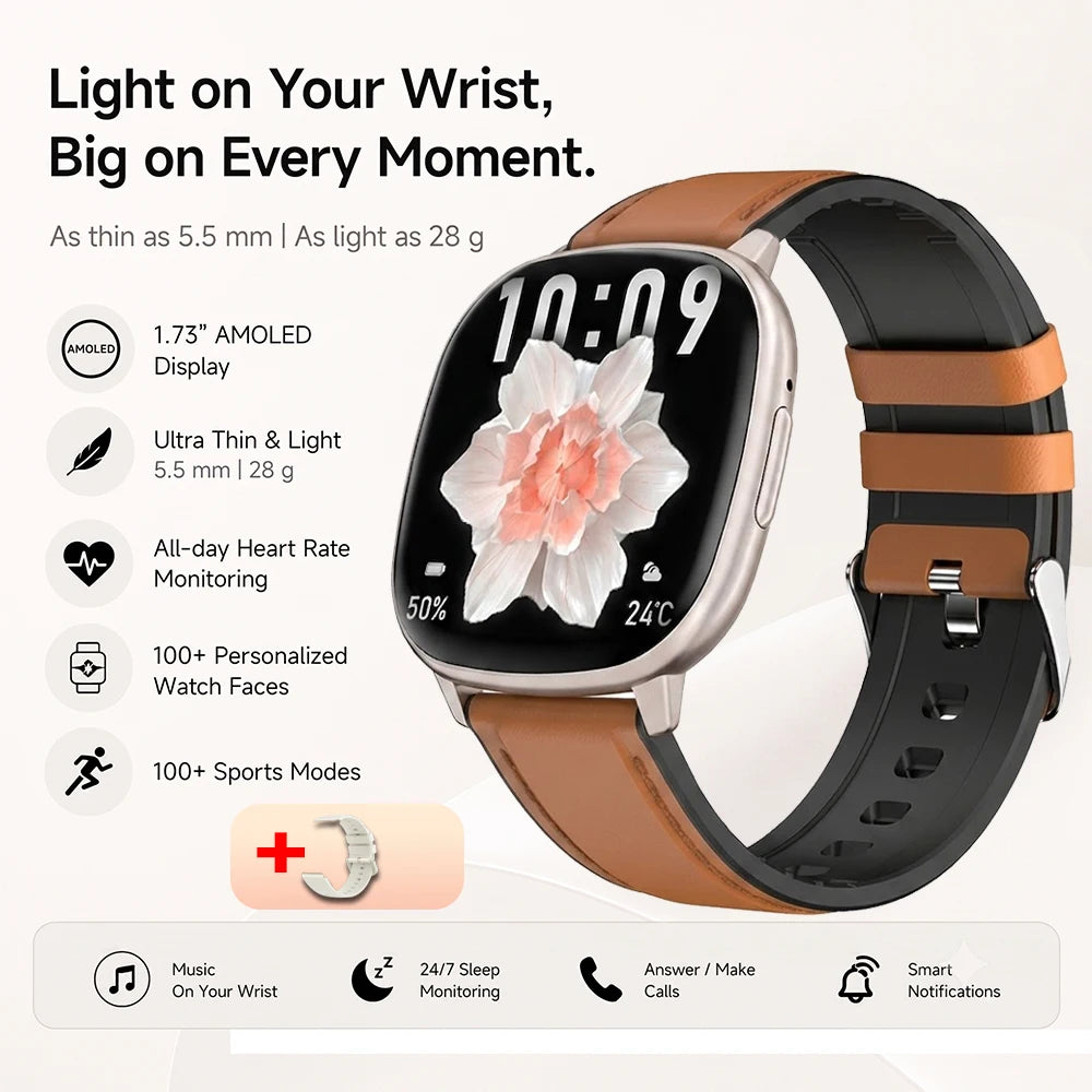 2026 New Smart Watch 5.5mm Ultra-thin 1.73'' AMOLED Men Women 100+ Sports Fitness Wrist Watch BT Call Health Tracker Smartwatch