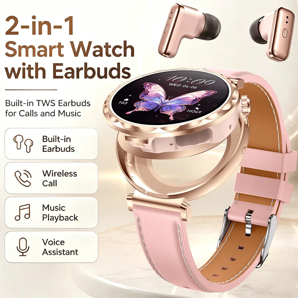 2026 New TWS Smartwatch Earphone 2 In 1 Women Watches with Earbuds Strong Sound Effects Music Lover Waterproof Ladies Smartwatch